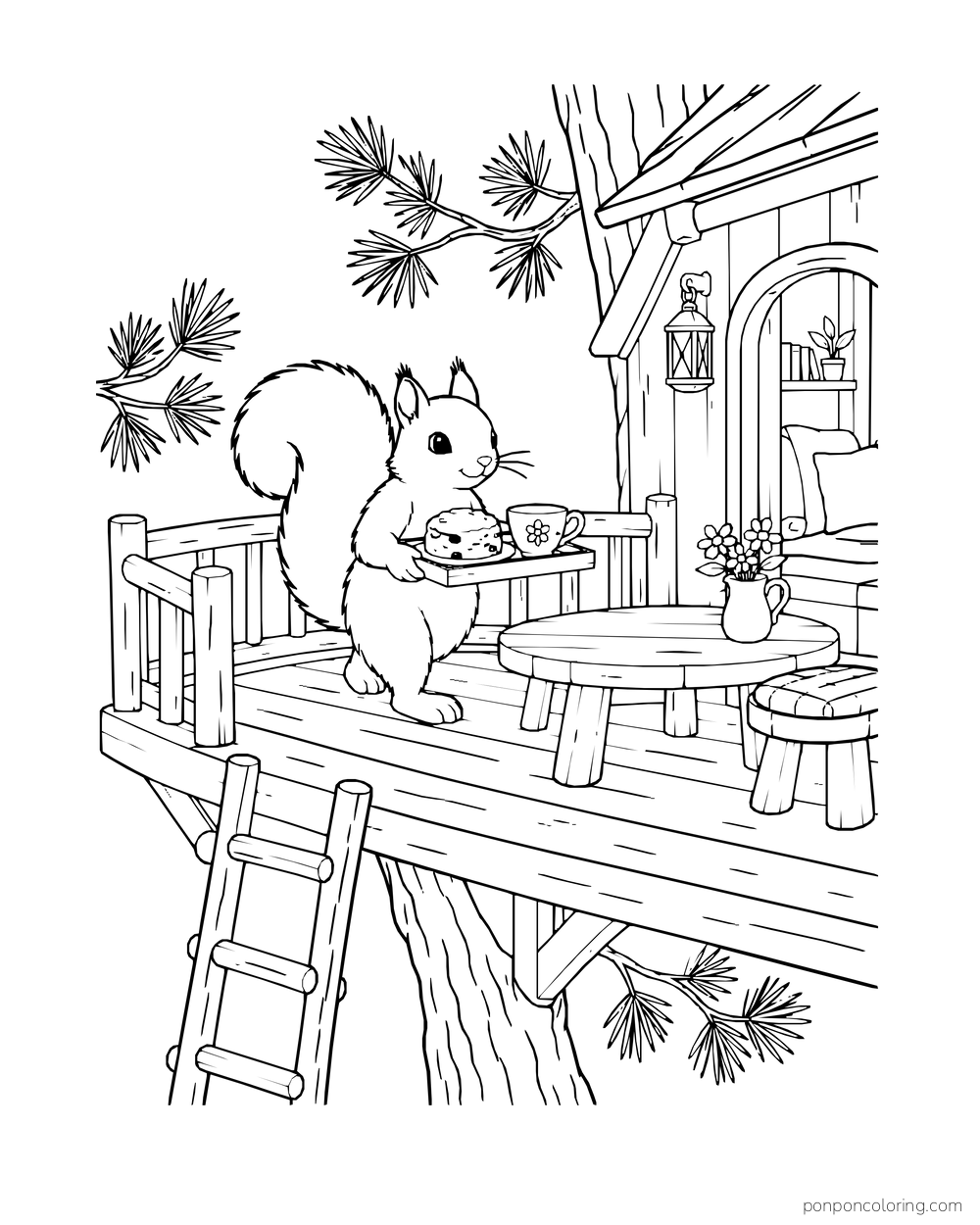A squirrel carries a tray with a scone and cup toward a table on a pine treehouse porch.