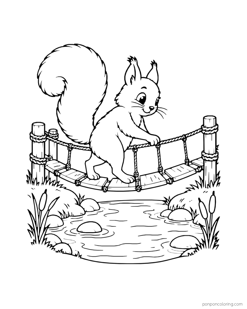 A squirrel holds the rope while stepping across a short bridge above a small brook.