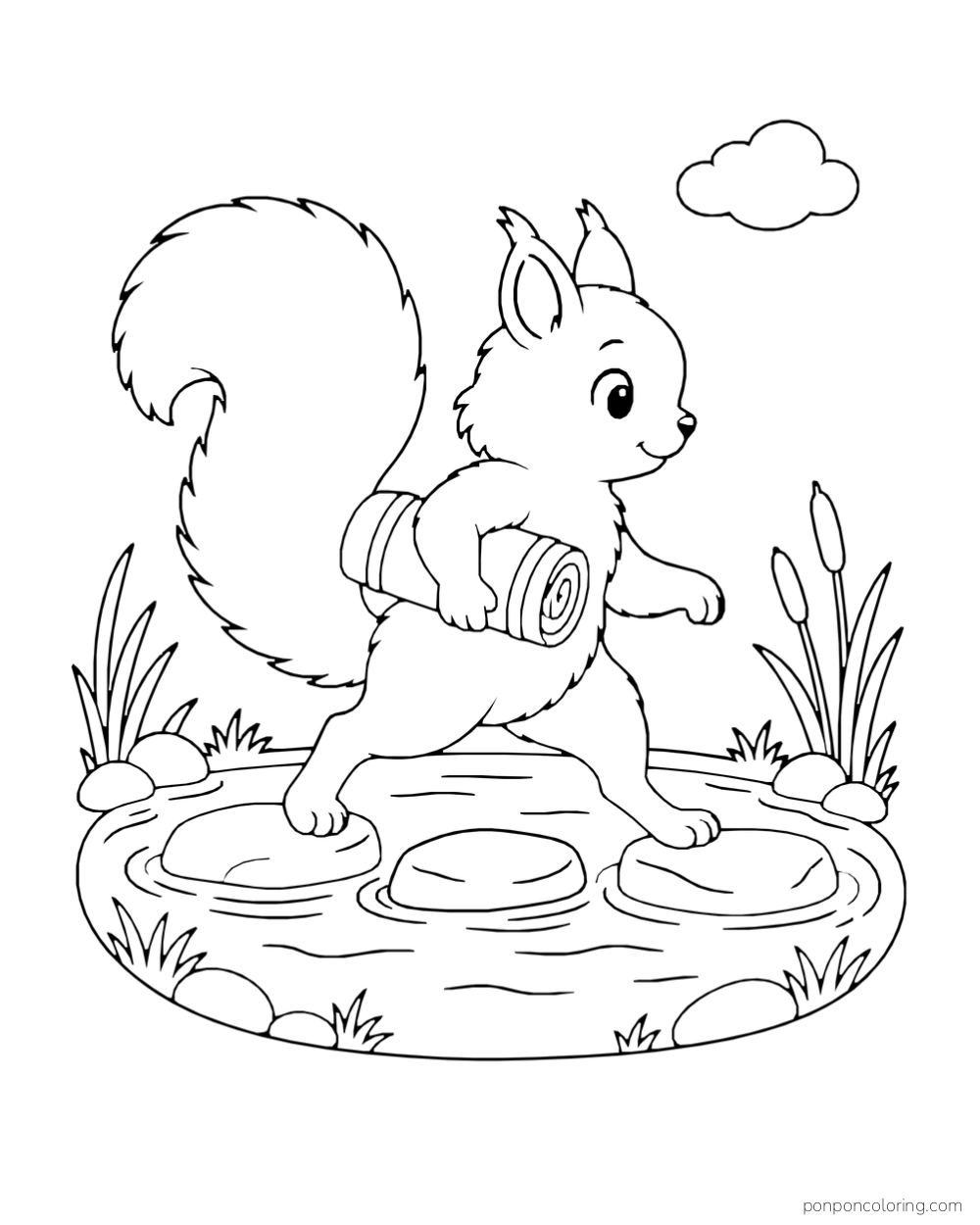 A squirrel carries a rolled mat while stepping across stones in a small stream.