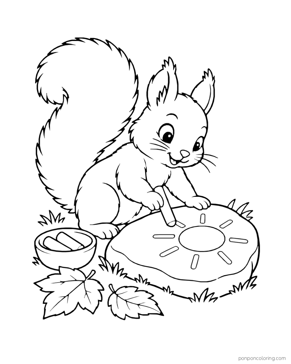 A squirrel uses chalk to draw a simple sun on a broad flat garden stone.
