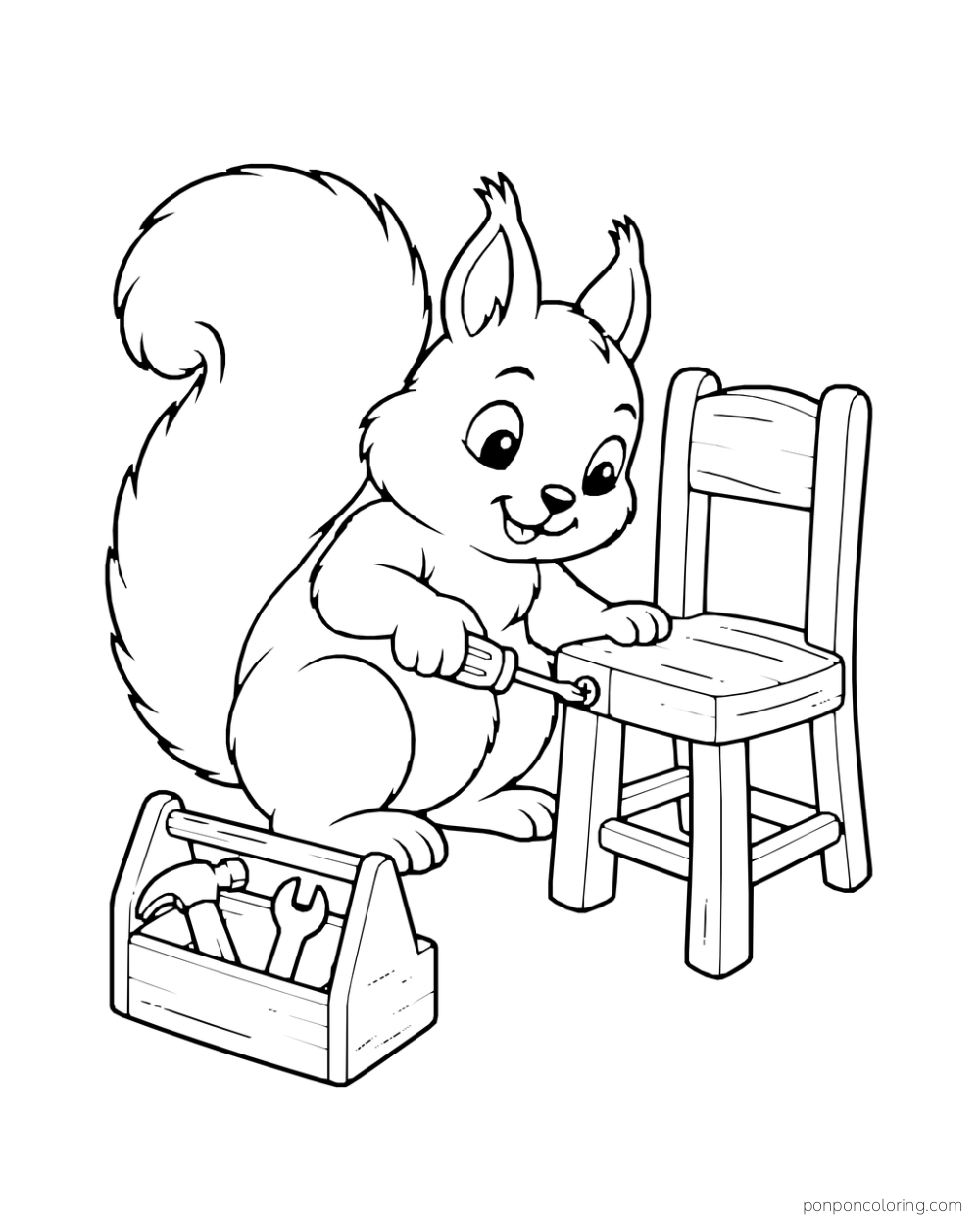 A squirrel uses a screwdriver on a small wooden chair beside a toolbox.