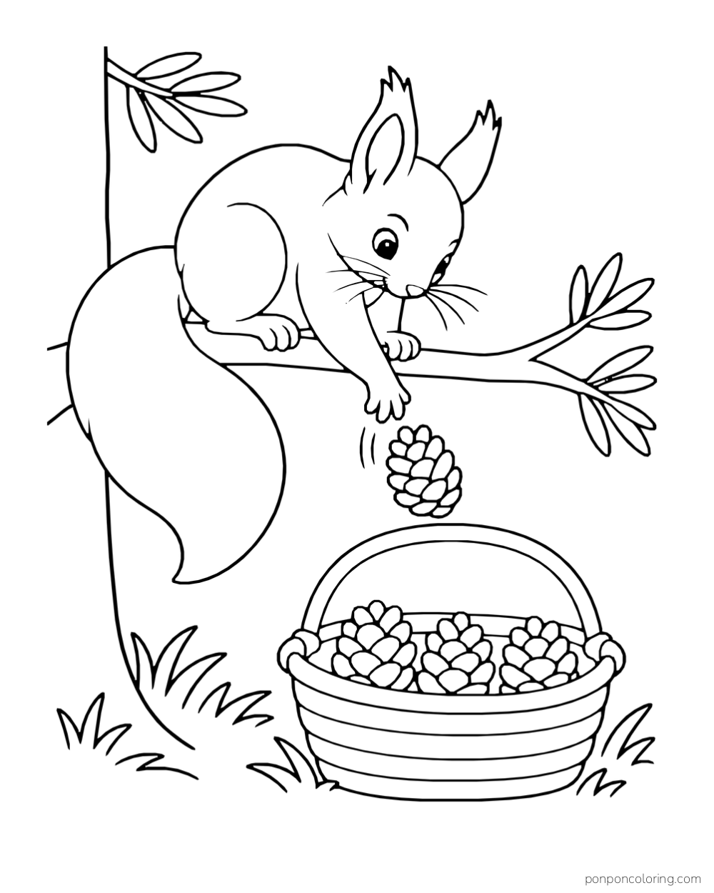 A squirrel on a pine branch reaches toward a pinecone above a basket below.