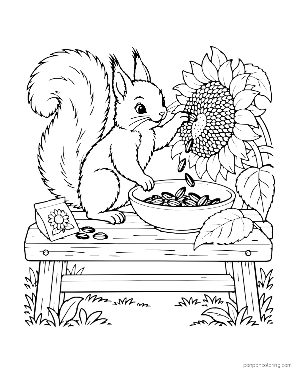 A squirrel loosens seeds from a large sunflower into a bowl on a garden bench.