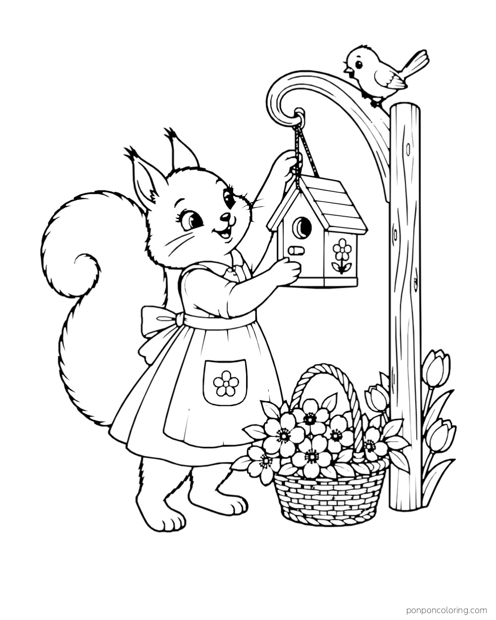A squirrel hangs a birdhouse from a curved wooden post beside a flower basket and tulips.
