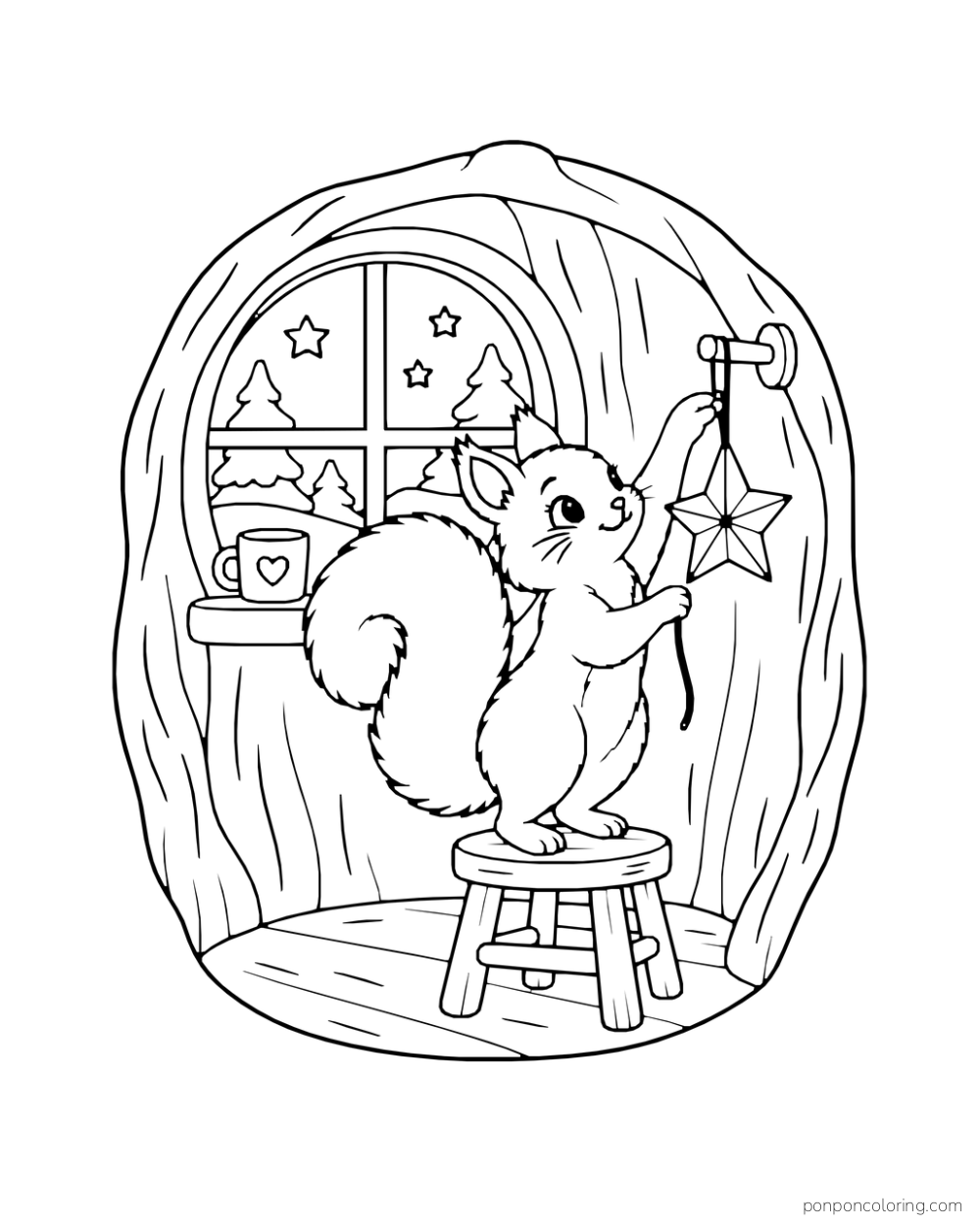 A squirrel on a stool hangs a paper star beside a round window.