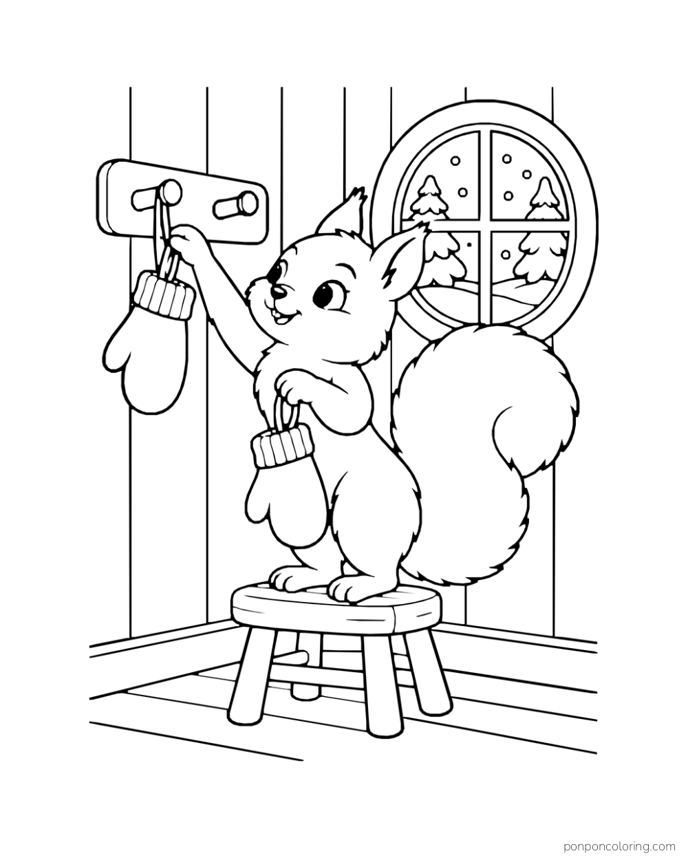 A squirrel on a stool hangs a mitten from a wall peg while holding another mitten.