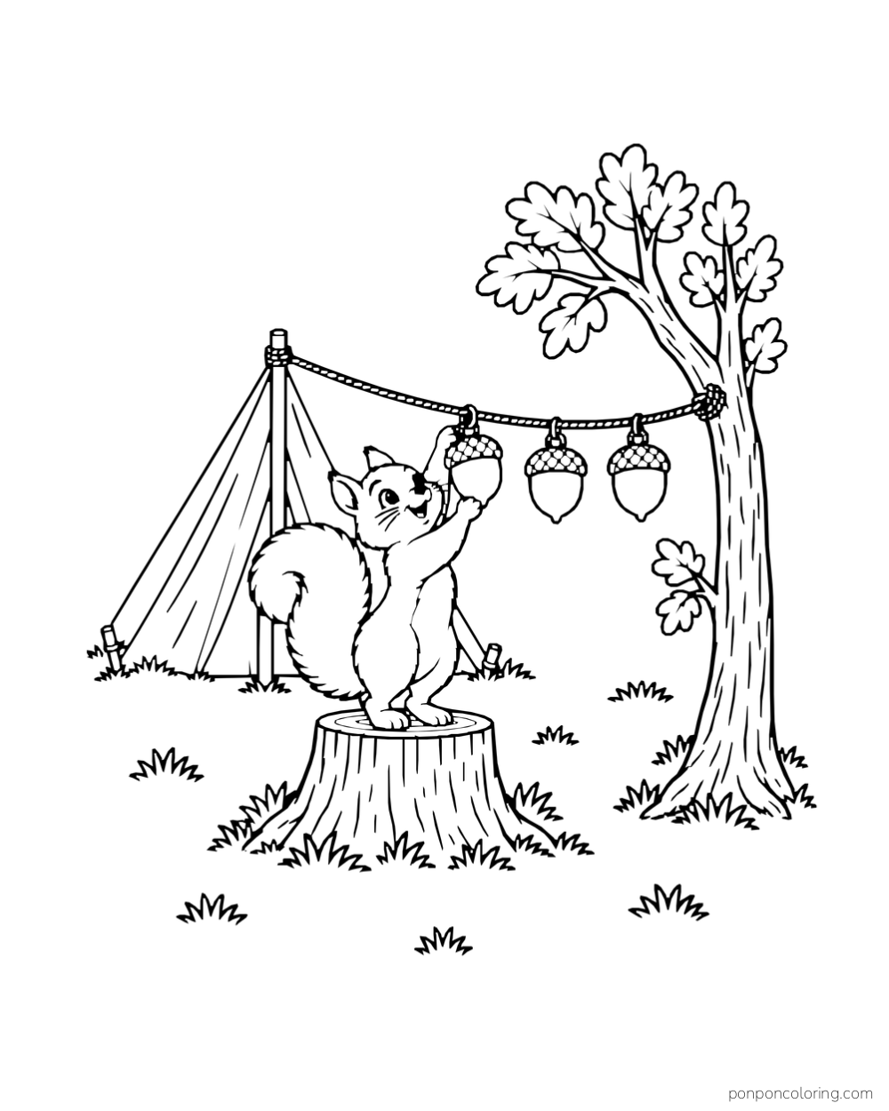 A squirrel on a stump adds an acorn lantern to a rope between tent and tree.