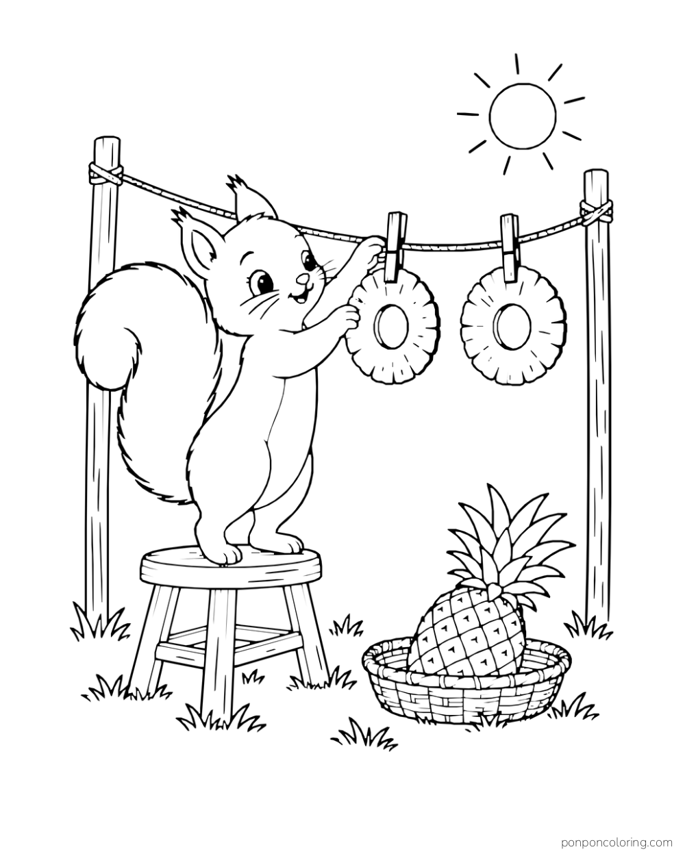 Squirrel on a stool clipping two pineapple rings to an outdoor line beside a basket of fruit.