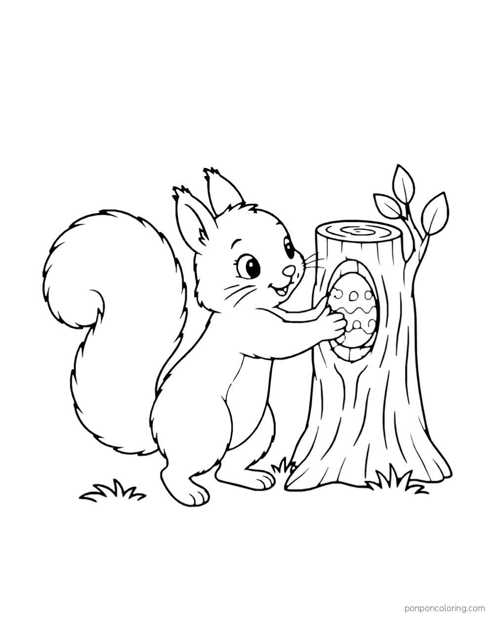 A squirrel places a patterned egg inside a hollow tree stump with a small leafy branch.