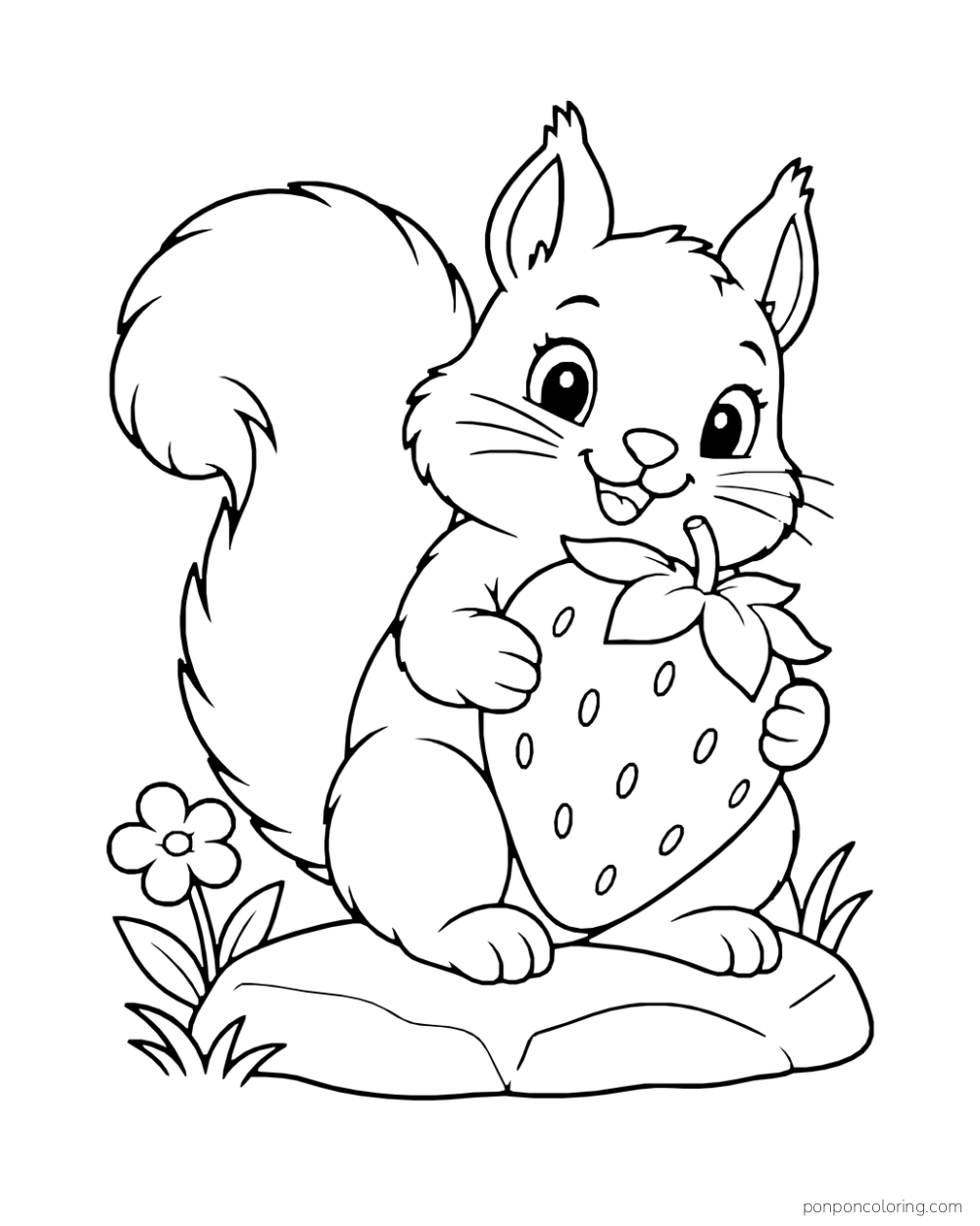 A squirrel holds an oversized strawberry while sitting on a garden stone.
