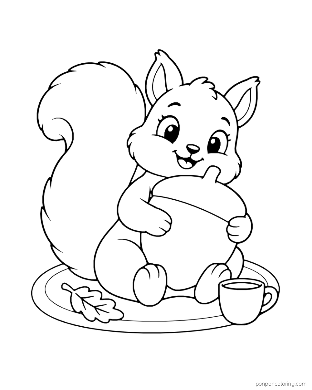 A squirrel hugs a large acorn-shaped pillow on a rug beside a cup.