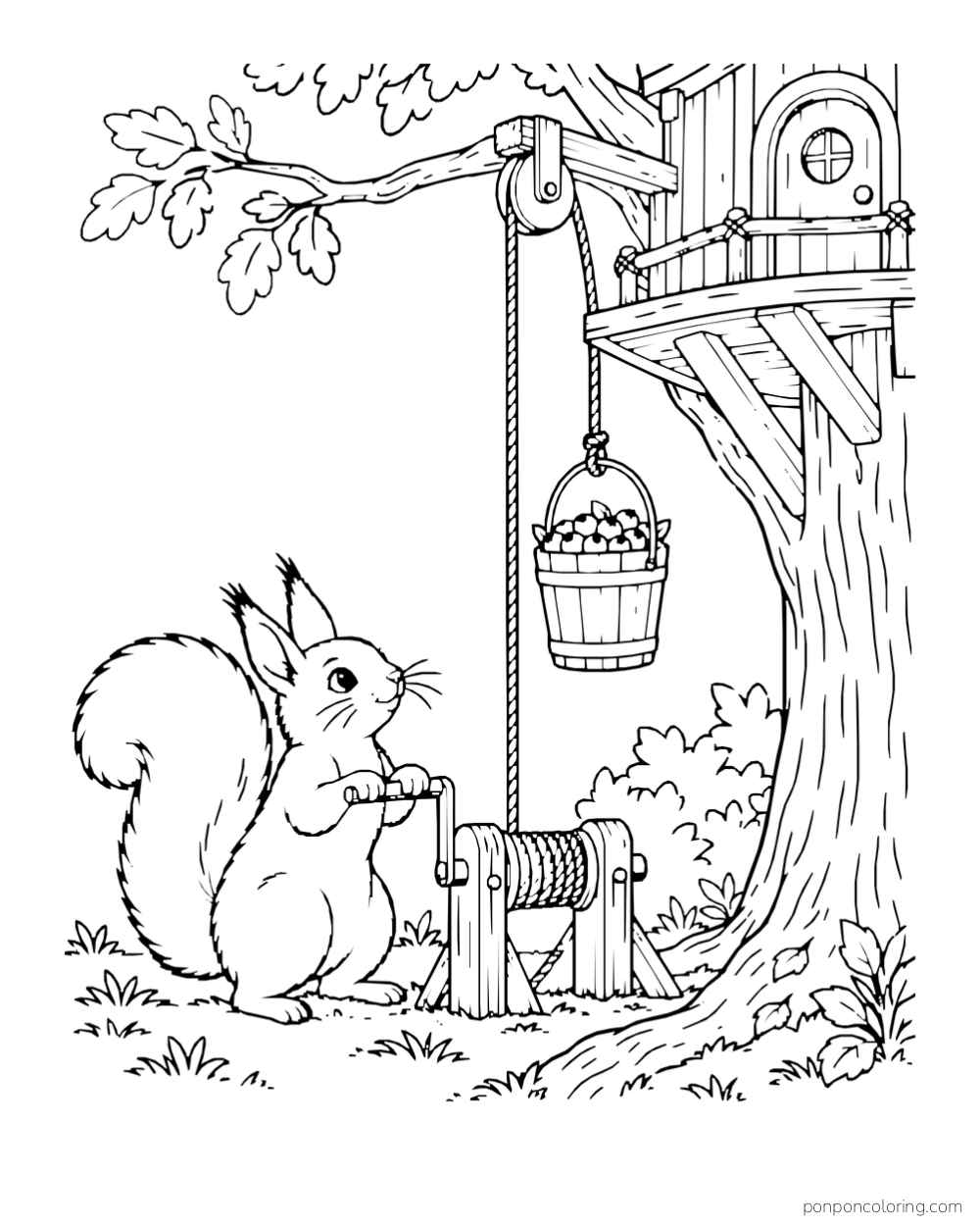 A squirrel turns a wooden crank to lift a bucket of berries toward a treehouse platform.