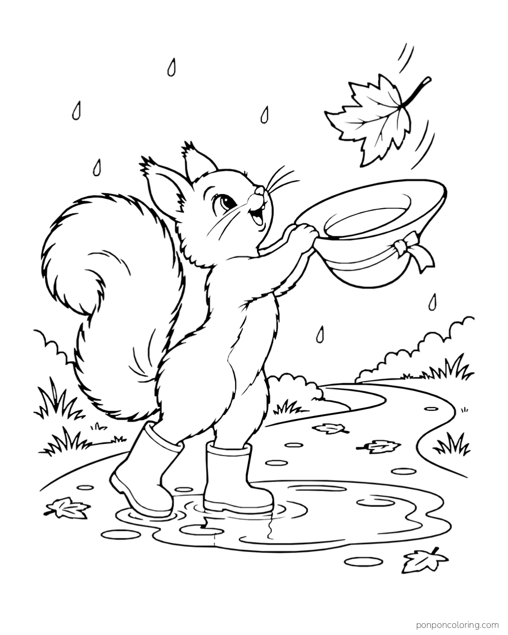 A squirrel in rain boots raises a wide hat beneath a falling leaf beside a puddle.
