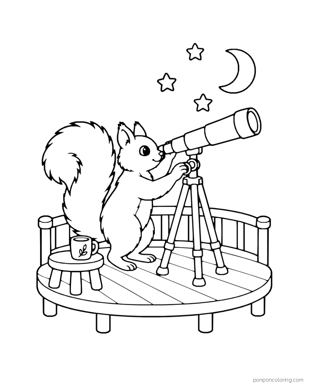 A squirrel looks through a telescope on a small deck beneath a crescent moon and stars.