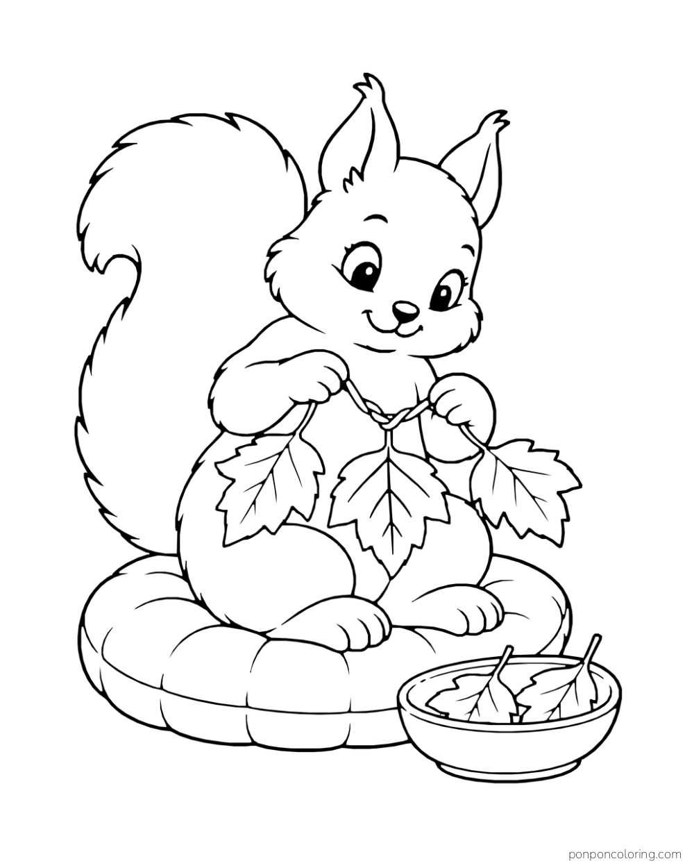 A squirrel joins broad autumn leaves while sitting on a cushion beside a bowl of leaves.