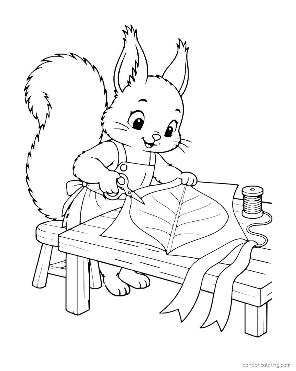 A squirrel cuts a leaf-shaped paper kite at a worktable with thread and ribbons nearby.