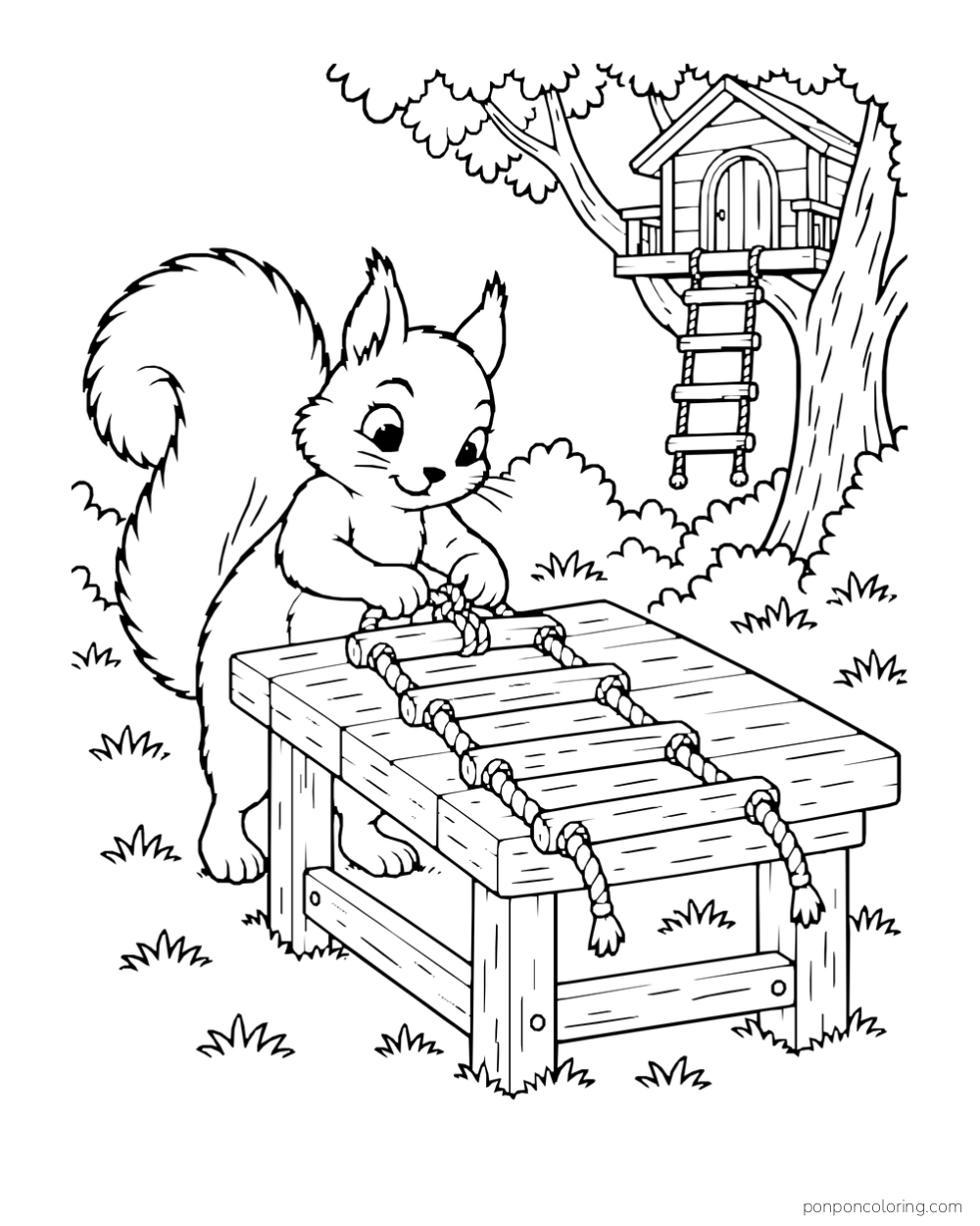 A squirrel ties wooden rungs into a rope ladder on a workbench below a treehouse.