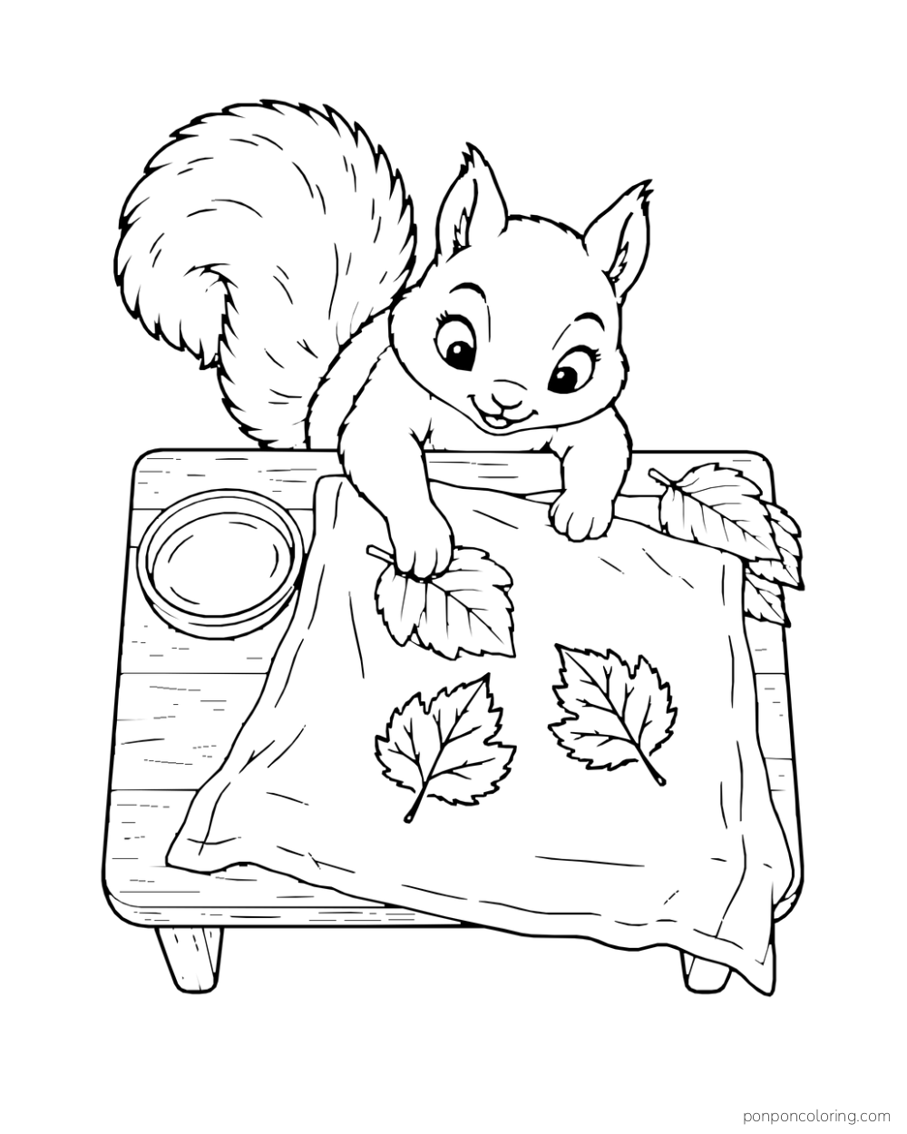 A squirrel presses a leaf onto a broad cloth with leaf shapes already on it.