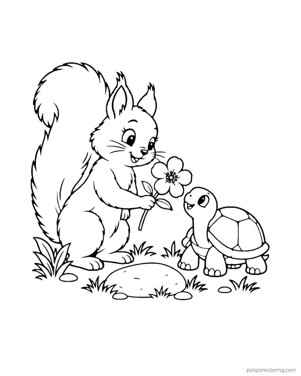 A squirrel holds a five-petal flower toward a small tortoise in the grass.