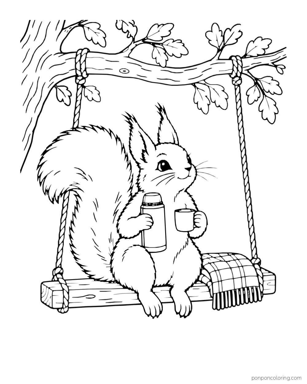 A squirrel sits on a branch swing with a thermos, mug, and folded blanket.