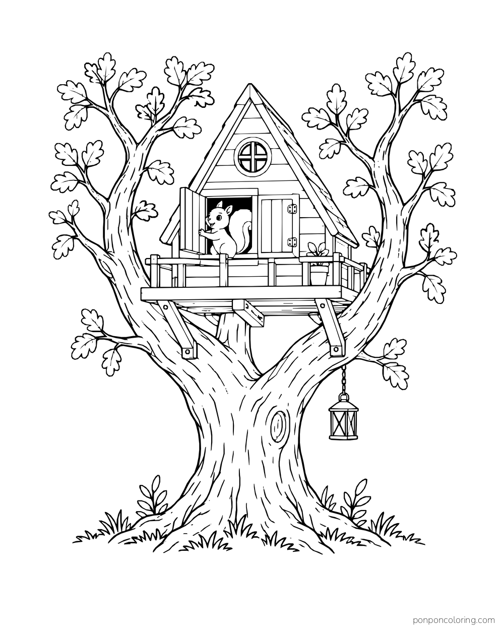 A squirrel stands on the porch of a triangular treehouse between forked branches, with a lantern hanging below.