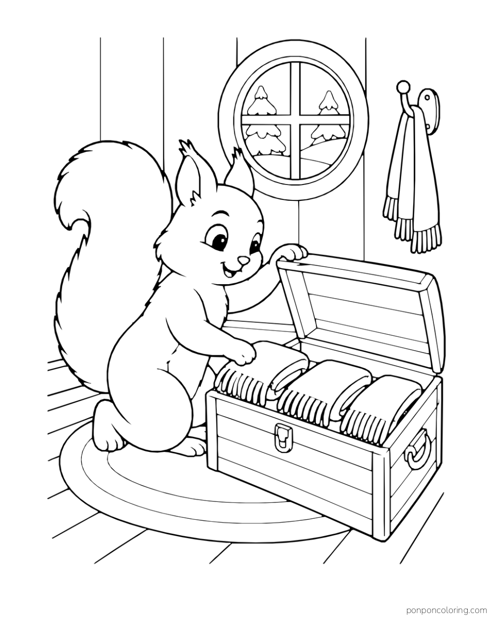 A squirrel lifts the lid of a wooden chest filled with folded scarves by a round window.