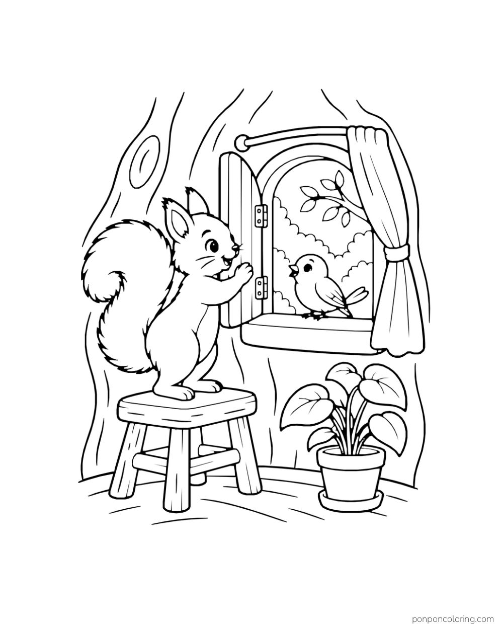A squirrel opens a window shutter to greet a small bird on the sill.