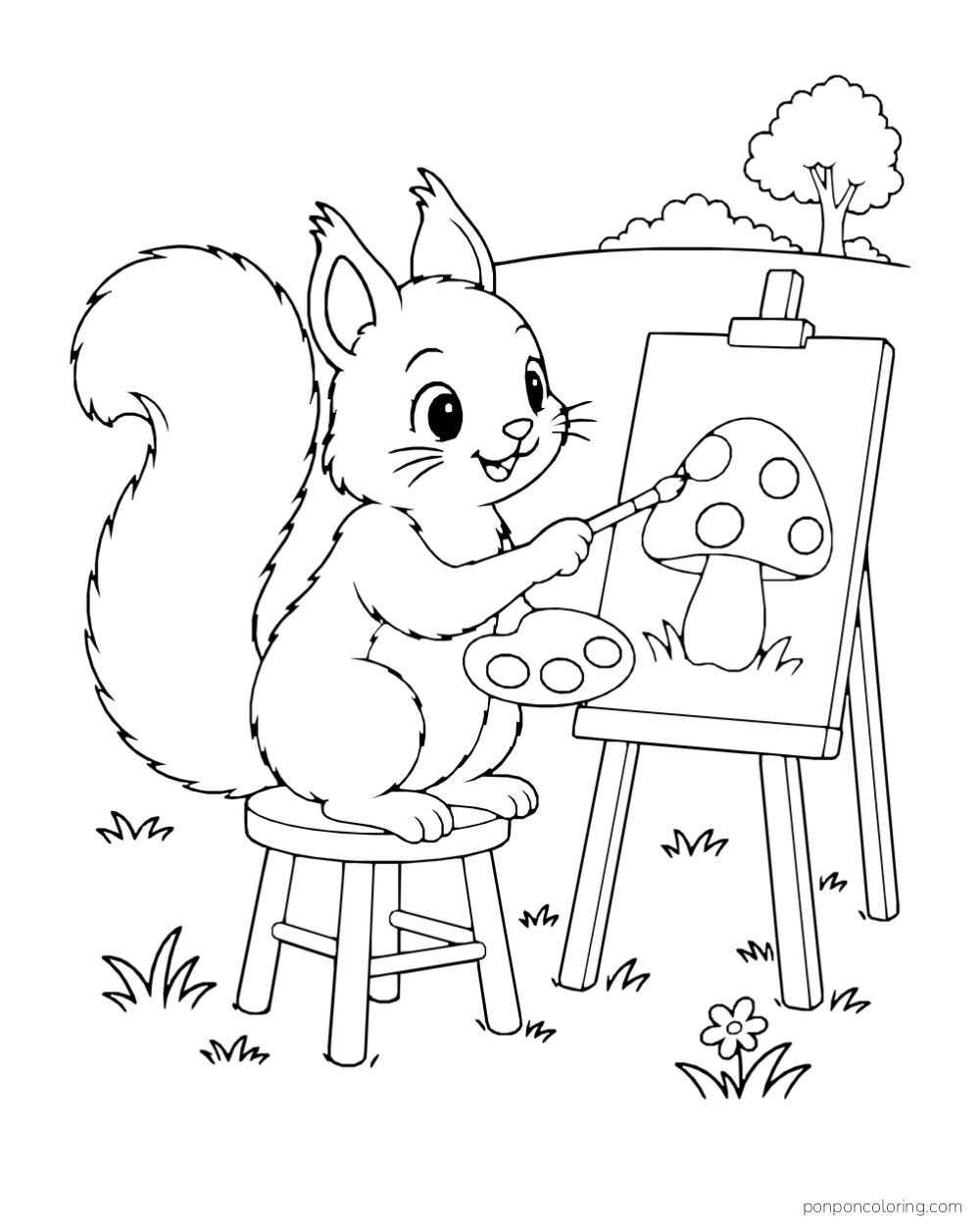 A squirrel paints a mushroom picture at a small outdoor easel.