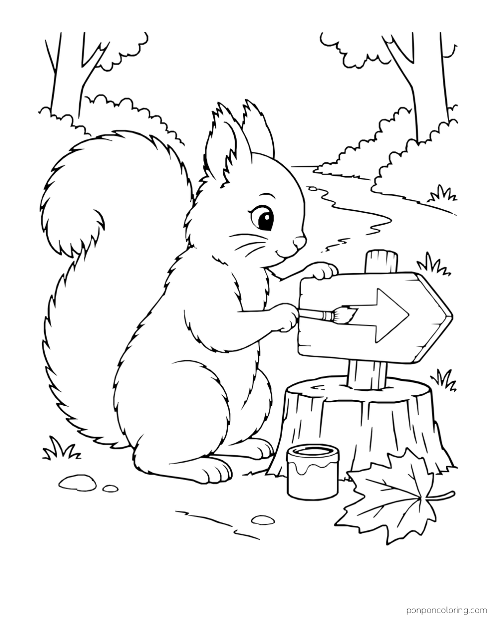 A squirrel paints a simple arrow shape on a small trail sign beside a stump.