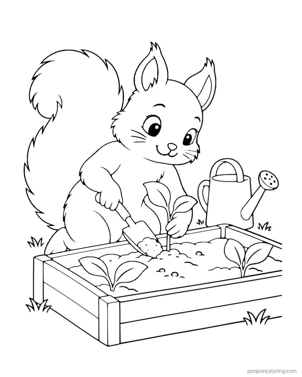 A squirrel places a seedling in a raised garden bed.