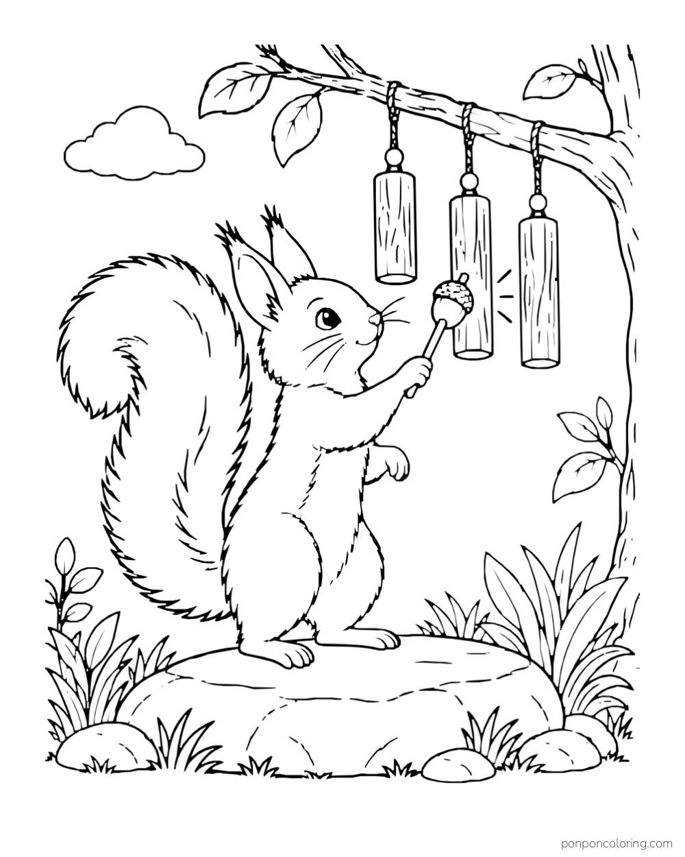 A squirrel taps one of three hanging wind chimes with a small acorn-shaped mallet.