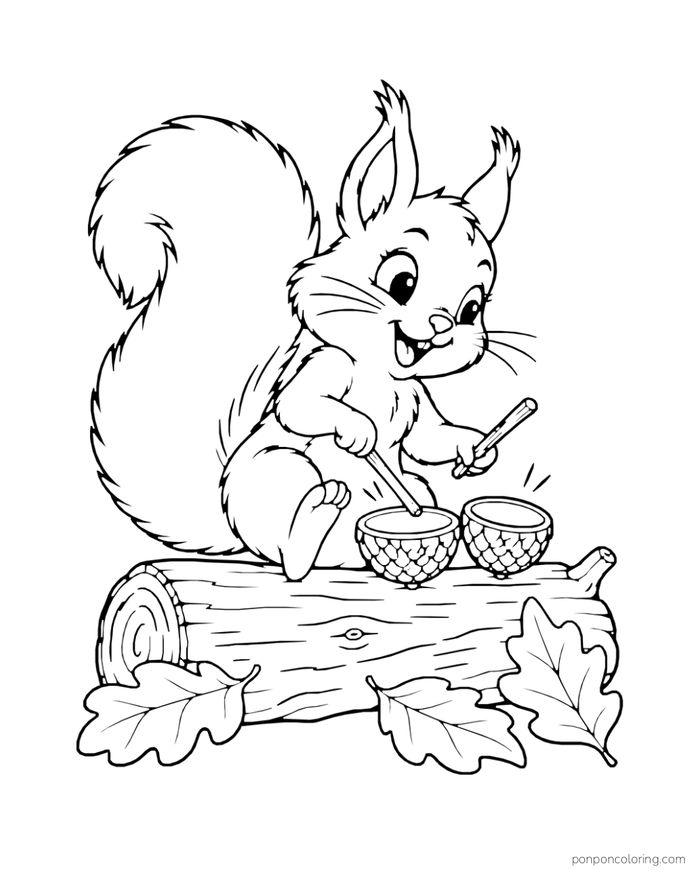 A squirrel taps two acorn-shell drums with small sticks while sitting on a log.
