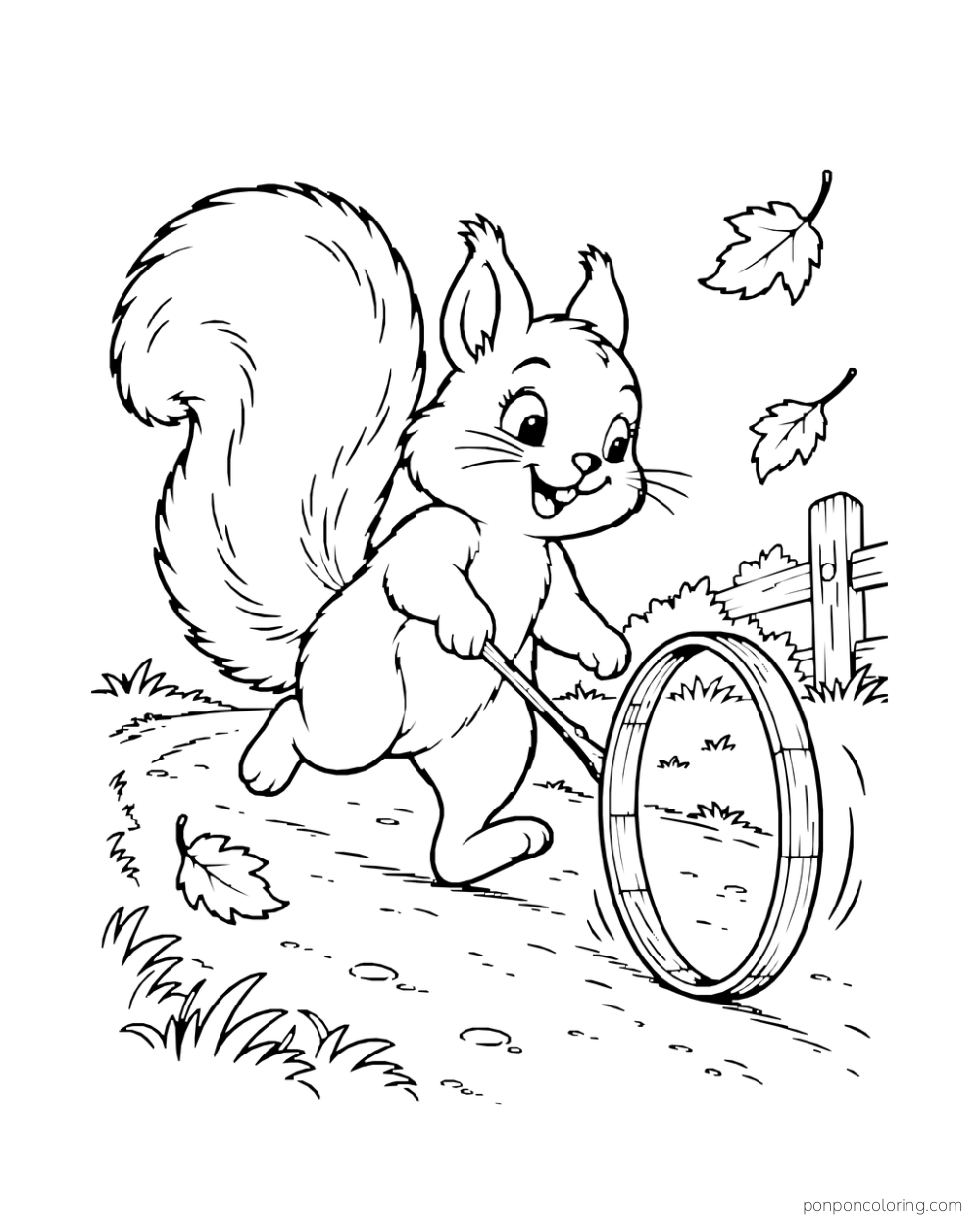 A squirrel runs beside a large rolling hoop on a curved path.