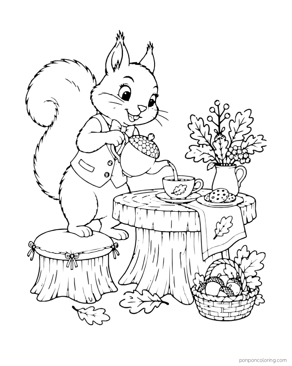 A squirrel pours tea from an acorn-shaped teapot at a stump table with cookies and a vase of leaves.