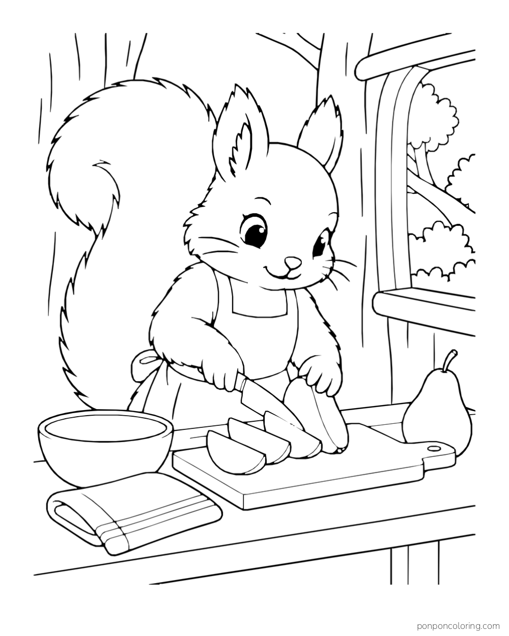 A squirrel slices a pear at a cozy kitchen table.