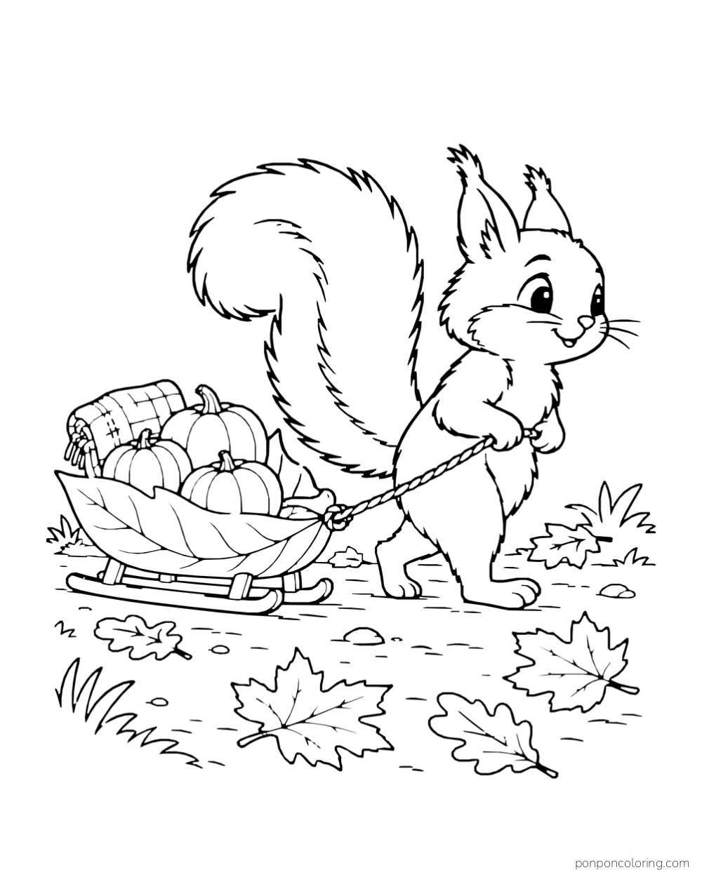 A squirrel pulls a small sled carrying three pumpkins and a folded blanket along a leafy path.