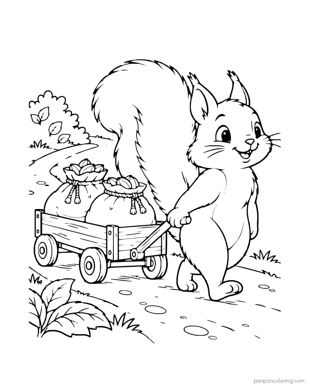 A squirrel pulls a little wagon carrying tied cloth sacks along a path.