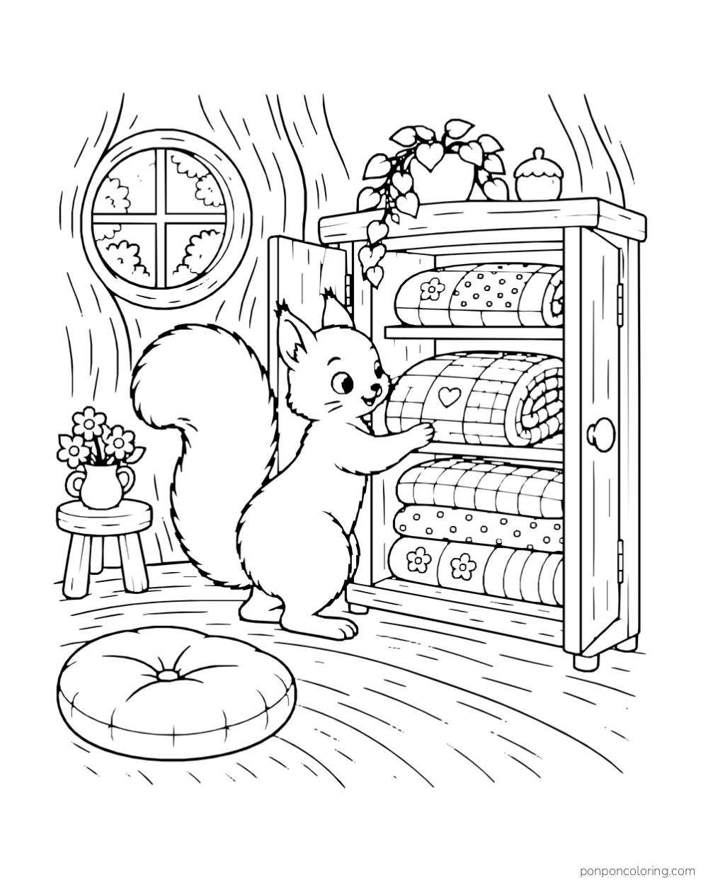 A squirrel slides a folded patterned quilt into an open cupboard in a cozy tree room.