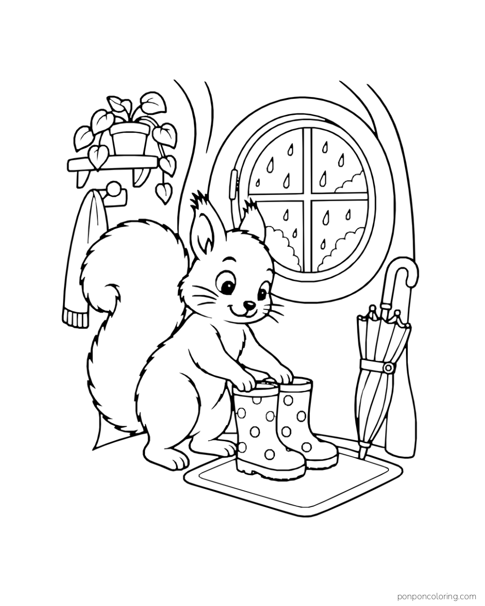 A squirrel places spotted rain boots on a mat beside an umbrella and rainy window.