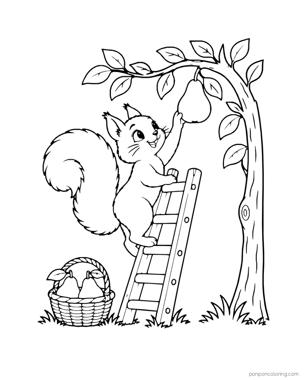 A squirrel stands on a short ladder and reaches for a pear on a branch.