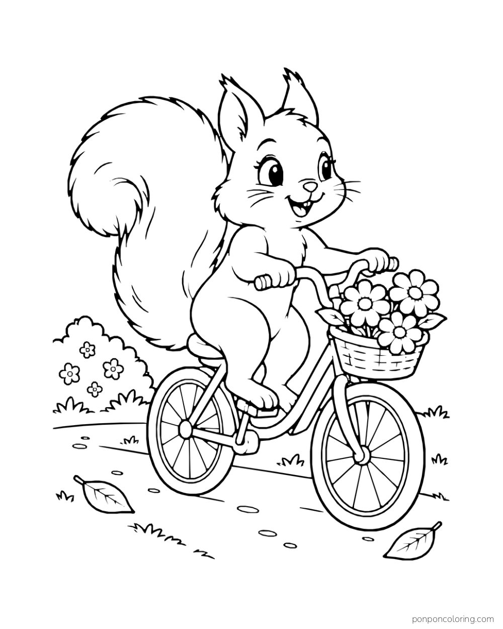 A squirrel pedals a bicycle with a basket of flowers along a garden path.