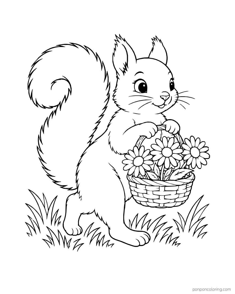 A squirrel carries a basket filled with daisies through the grass.