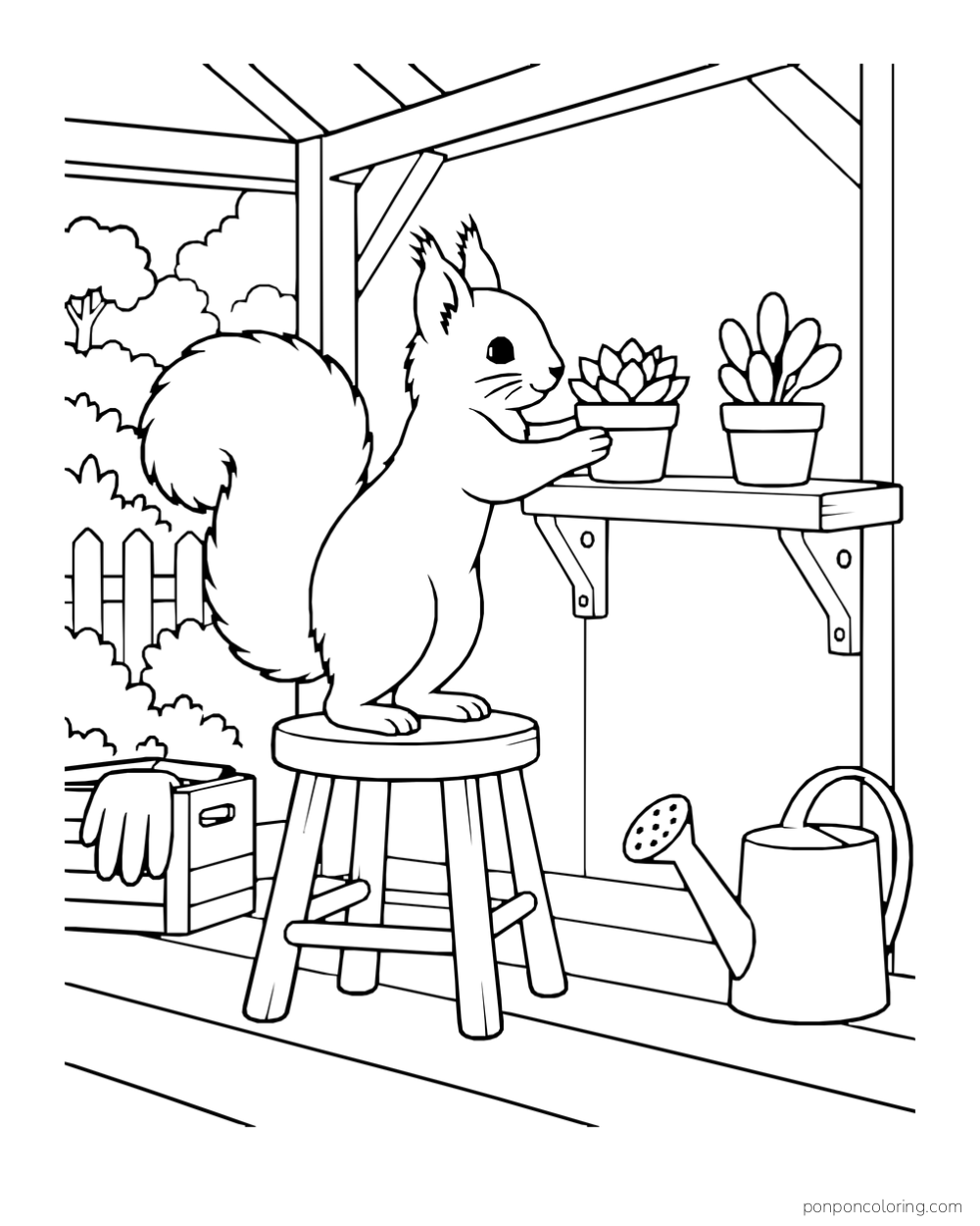 Squirrel on a stool placing a little rosette pot on a shelf beside another fleshy-leaf plant.