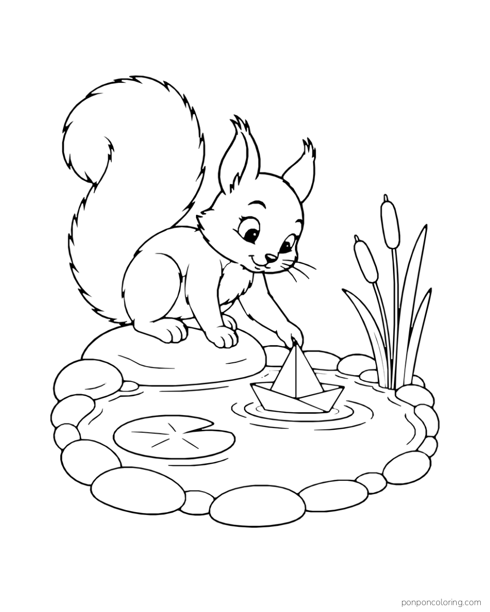 A squirrel lowers a small paper sailboat into a round pond edged with stones.