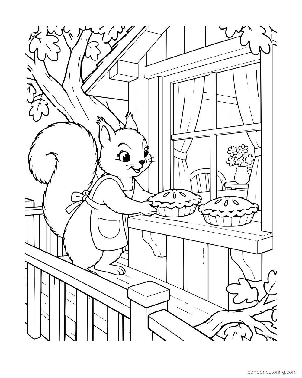 A squirrel sets two pies on an outside treehouse windowsill.