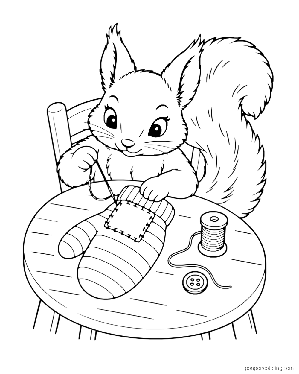 Seen from above, a squirrel stitches a square patch onto a striped mitten at a round table.