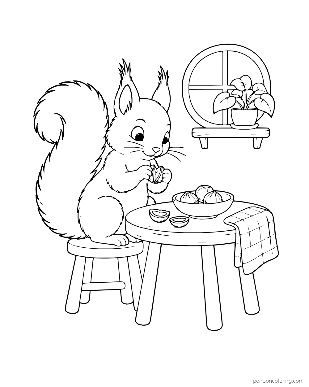 A tuft-eared squirrel opening a nut at a table with a bowl, shell halves, checked towel, and potted plant by a round window.