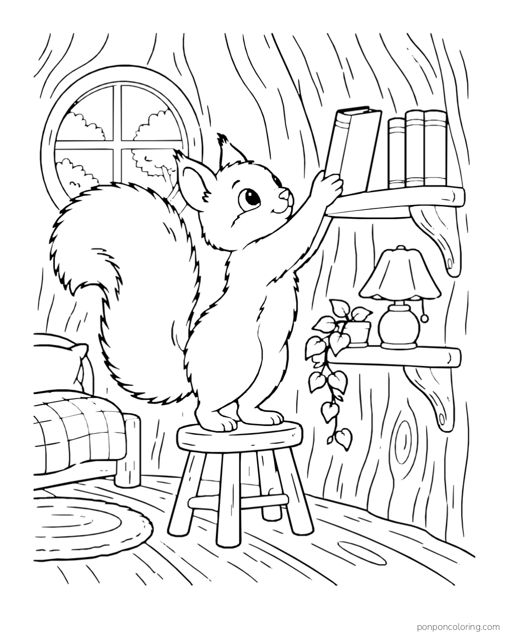 A squirrel on a stool places a book onto a shelf inside a hollow-tree room.