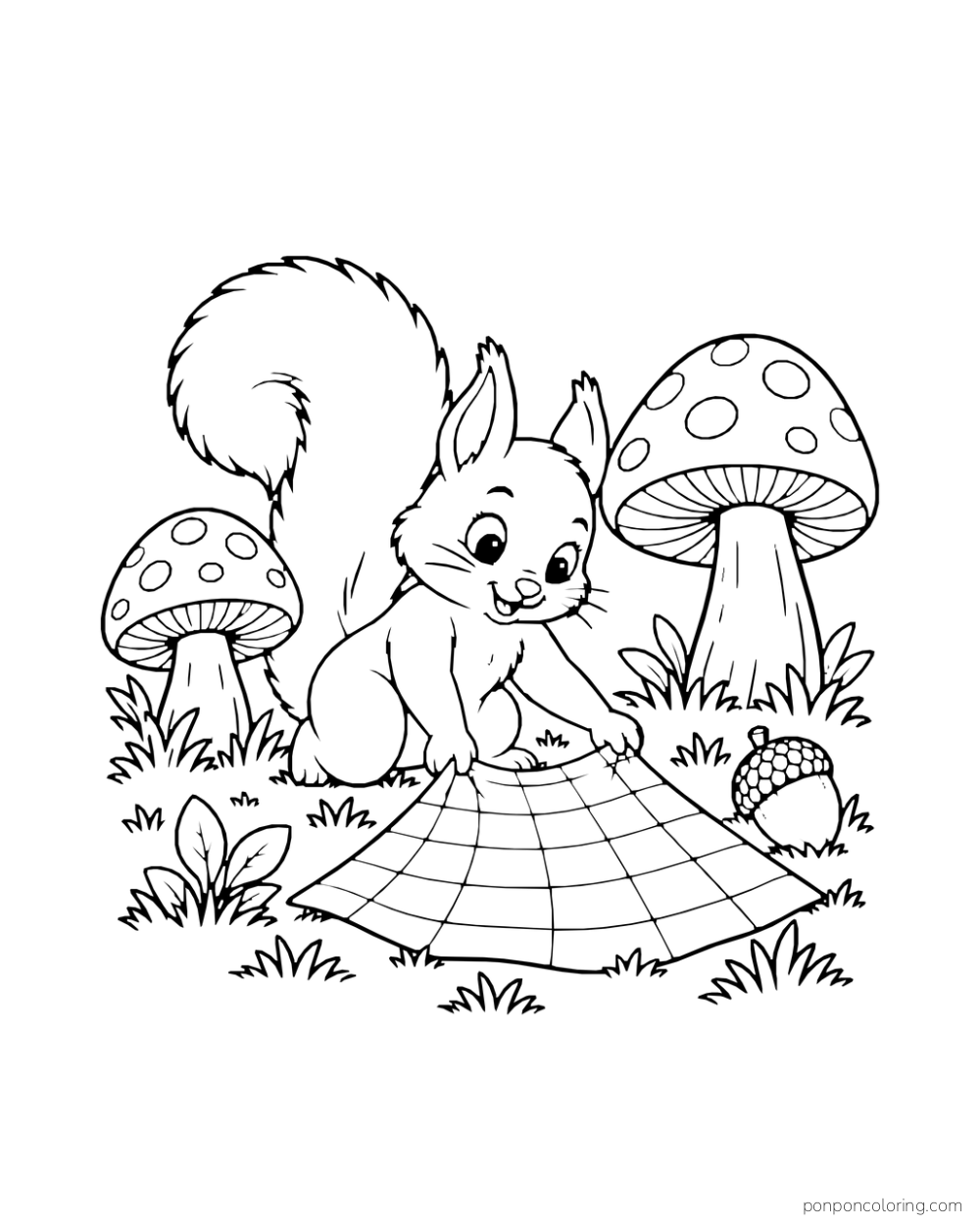 A squirrel spreads a checkered picnic cloth between two mushrooms.