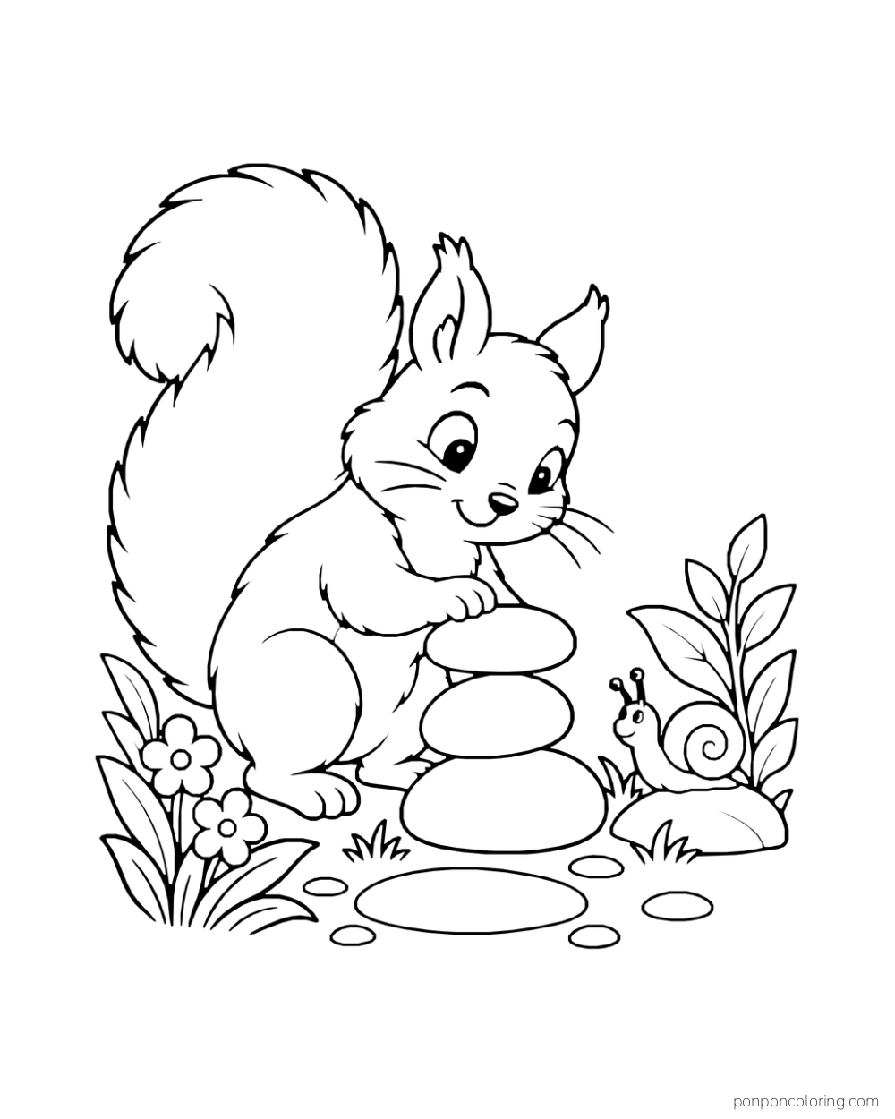 A squirrel balances three smooth stones while a tiny snail watches nearby.